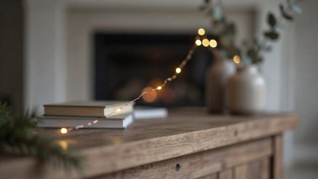 Cozy wooden mantelpiece with books fairy lights and greenery in front of a warm fireplace with rustic wooden mantel decorated stacked books