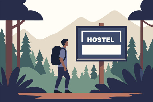 Backpacker stands before a large hostel sign located in a beautiful mountain forest with pine trees and scenic wilderness.