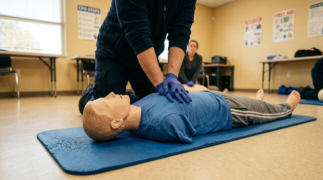 CPR Training Class with Instructor Performing Chest Compressions on Medical Mannequin in a Classroom Setting