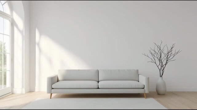 Minimalist bright living room with white sofa vase by sunlit arched window casting calm shadows