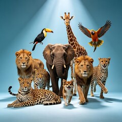 Obraz premium African Big Five Wildlife Elephant Giraffe Lion Leopard and Tropical Birds on Spotlight Blue Background 