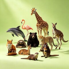 Obraz premium Diverse Global Wildlife Collection Deer Giraffe Bear Red Panda Flamingo and Birds on Green Background 