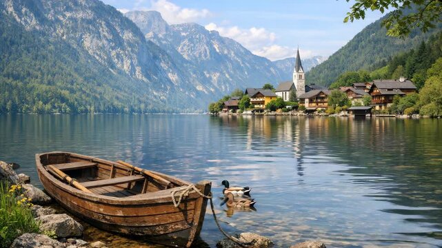 Charming mountain settlement by calm waters under blue sky. Rustic wooden boat tied up on shore with two birds swimming in foreground.