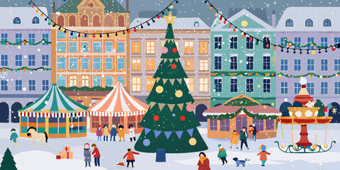 christmas market town square vector illustration winter © Vector Art