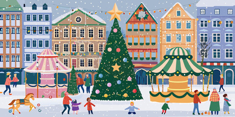 christmas market town square festive scene winter © Vector Art