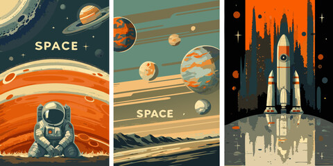 space exploration posters vector illustration astronaut rocket © Vector Art