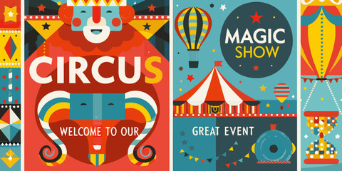 circus posters with colorful illustrations elephant magic © Vector Art