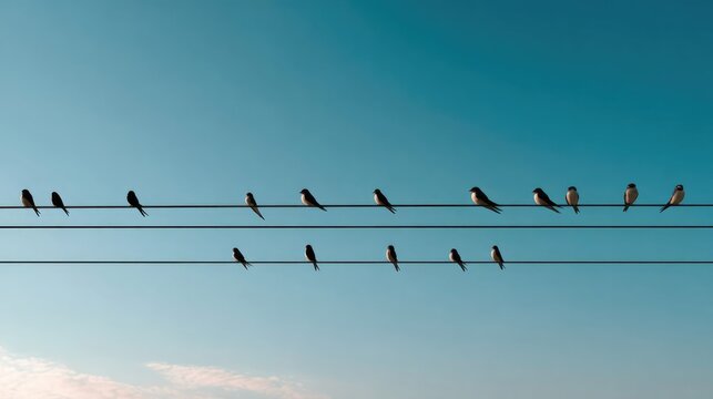 Birds on a Wire: A flock of small birds perched on power lines against a clear blue sky, conveying a sense of tranquility and connection.