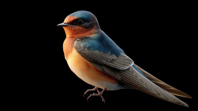 Barn Swallow Portrait: A close-up, detailed portrait of a barn swallow showcases its vibrant orange throat and chest, contrasting with its dark blue-black back and wings.