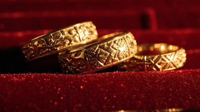 Luxurious gold rings with intricate patterns resting on plush red velvet fabric with warm lighting