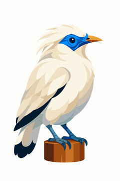 Beautiful Bali Myna Bird Character Featuring Elegant Crested White Starling Portrait Exotic Tropical Endangered Creature Mascot Endangered Wild Indonesian Animal Flat Graphic Design
