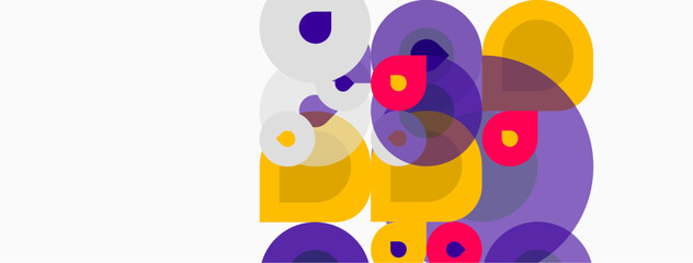 Fototapeta premium Abstract composition featuring overlapping circles. Purple, yellow, red hues create dynamic visual interest. Minimalist design, clean aesthetic.