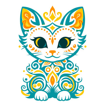 Cute Adorable White Kitten Character Decorated With Teal And Yellow Floral Tribal Ornaments Sitting Playfully Creative Pop Art Animal Mascot Illustration
