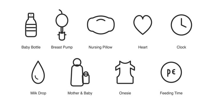 Breastfeeding and Neonatal Care Line Icon Set with Baby Bottle Breast Pump and Milk Drop