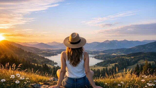 A woman sitting on a grassy hillside overlooking mountains and valleys as the sun sets in the distance.