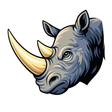 Fierce Angry Rhinoceros Head Mascot Vector Illustration Featuring Aggressive Grey Rhino With Sharp Yellow Double Horns Endangered Exotic Wild Animal Profile Sport Team Emblem Graphic Design
