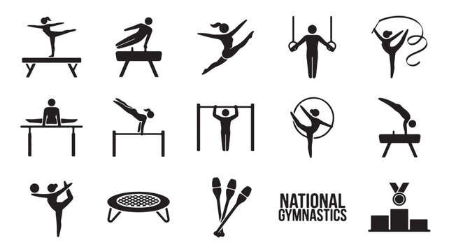 Gymnastics icons set with 15 black silhouettes, rhythmic and artistic gymnastics athlete symbols, sports competition vector elements for national gymnastics events