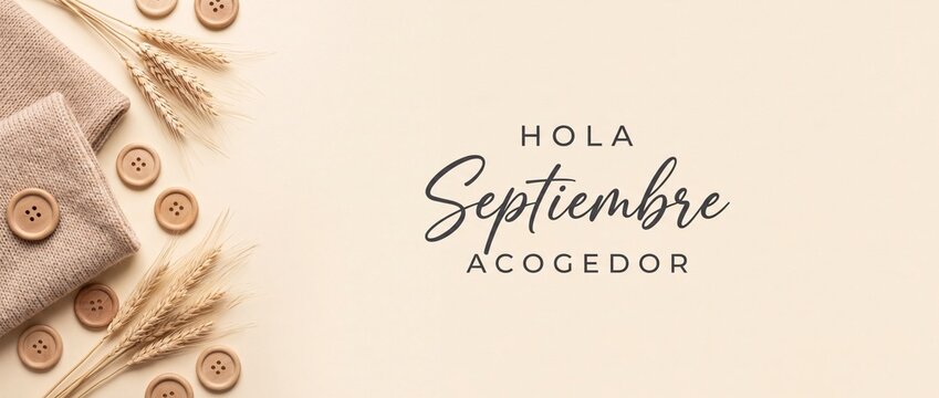 Hola Septiembre Acogedor Background Flatlay with cozy autumn elements like wheat ears, wooden buttons, and knitted fabric, perfect for warm fall seasonal templates and cozy minimalist layout designs.