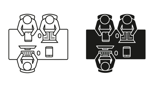 Office desk workspace top view productivity icon set with workspace, computer