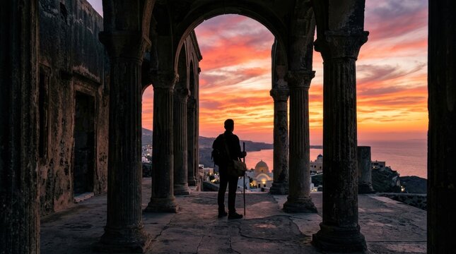 Silhouette of a person standing in ancient ruins overlooking a vibrant sunset over the ocean.
