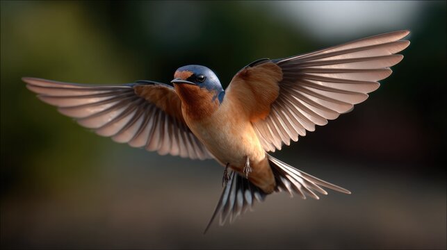 Barn Swallow in Flight: A beautiful barn swallow with striking orange breast and blue-black plumage soars through the air with wings fully extended, showcasing its agile flight and delicate details.