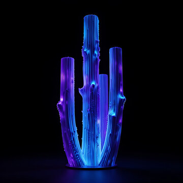Neon cactus lamp isolated on black. Glowing LED desert plant decor for modern interior.