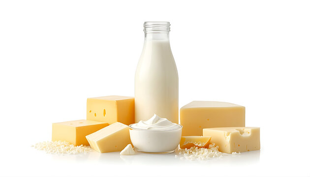 Fresh milk bottle and assorted cheese blocks. Dairy products isolated on white background.
