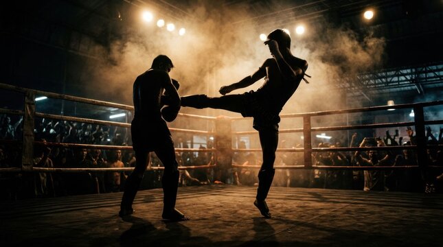 Silhouette of Muay Thai Fighters in Intense Combat Under Arena Lights.