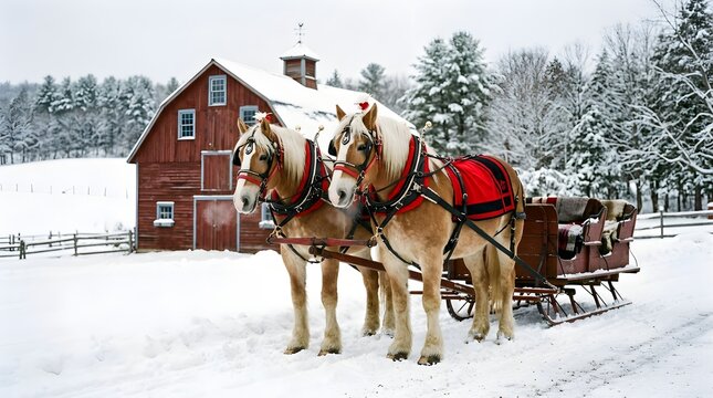 Winter wonderland sleigh ride two draft horses pulling a traditional sleigh in snowy landscape