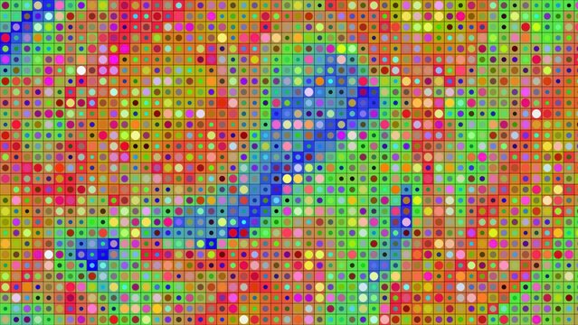 Vibrant halftone mosaic pattern, colorful geometric circle grid background, abstract rainbow pointillism texture for creative design projects
