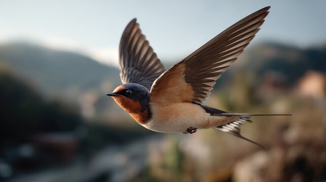 Swallow in Flight: A swallow with its wings spread wide soars gracefully against a soft-focus backdrop of sun-drenched hills and rural landscape, embodying freedom and the beauty of nature.