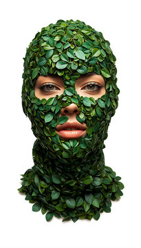Woman wearing a mask made of green leaves. Eco friendly concept with natural foliage portrait.