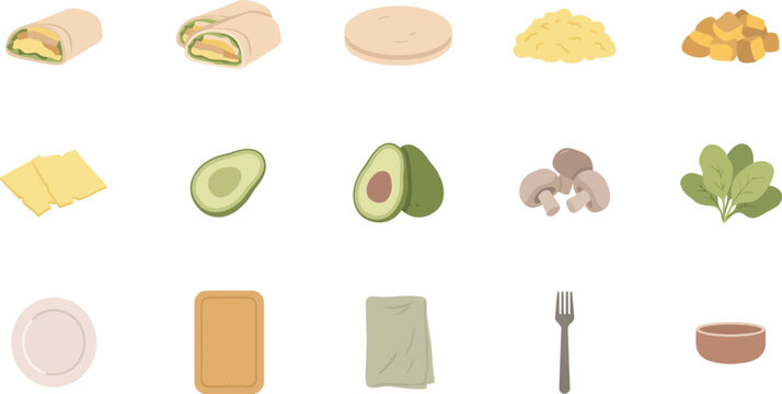 Set of flat vector icons featuring ingredients and tools for making delicious homemade burritos on white background