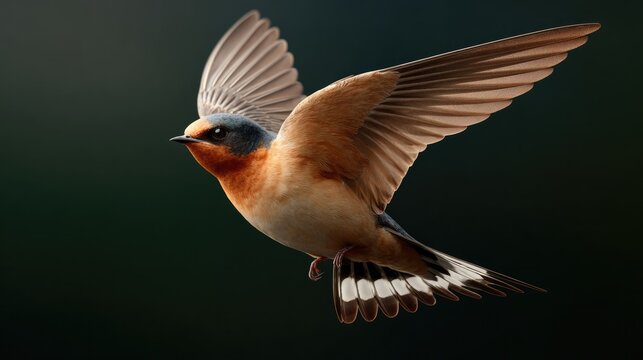 Barn Swallow in Flight: A swift barn swallow with outstretched wings and intricate tail feathers soars gracefully through the air, captured in a moment of dynamic motion.