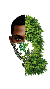 Man face with nature leaves double exposure. Eco friendly concept with green foliage portrait.