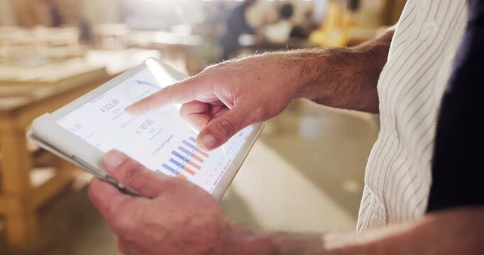 Hands, man and tablet screen in carpentry workshop for order tracking, production schedule or chart. Graphs, carpenter and scroll on tech for workflow management, productivity analytics or inventory