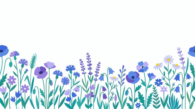 Poppies and daisies mingle with lavender in this whimsical field illustration set against a plain backdrop.