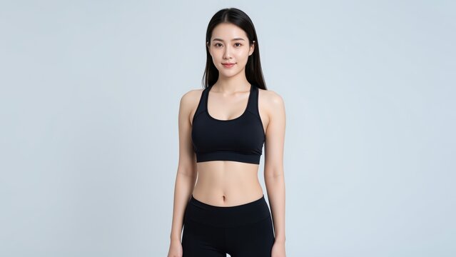 Young Asian woman wearing sports bra and leggings, ready for workout.