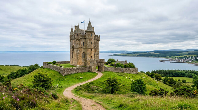 Historic stone castle tower on a green hill overlooking the Scottish sea coast with a winding path and sheep