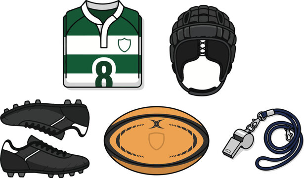 American Football Equipment Set Including Jersey, Helmet, Cleats, Ball and Referee Whistle Illustration