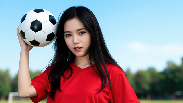 Soccer Starlet: A young woman in a red jersey holds a soccer ball above her head, gazing confidently at the camera with a backdrop of a clear blue sky and green field.