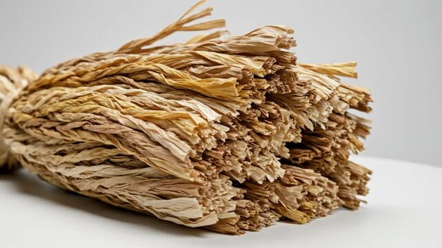 Close up view of natural raffia material bundle on a white surface with depth of field