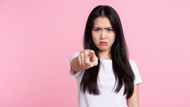 Angry Woman Pointing Finger: A young Asian woman with a stern expression points her finger directly at the viewer, conveying a sense of anger, accusation, or disapproval.
