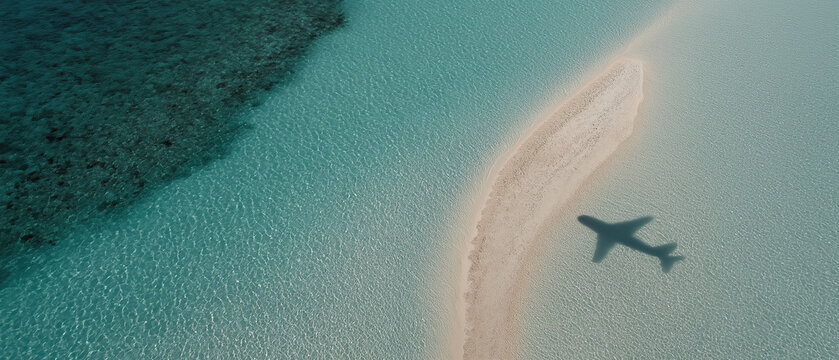 Aerial view reveals turquoise shallows, a curved sandbar, and an airplane's shadow gliding above paradise.