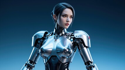 Fototapeta premium Futuristic Android with Metallic Sheen: A stunningly realistic female android, crafted with polished metallic armor and intricate mechanical joints, stands confidently against a cool blue backdrop.
