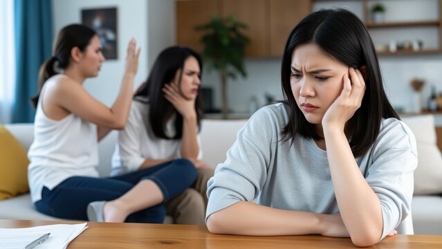 Conflict and Estrangement: Three women sit in a tense environment, with one in the foreground appearing withdrawn and upset while two in the background seem to be in disagreement.