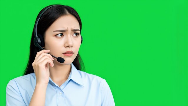 Concerned Operator on Green Screen: A young female customer service representative wearing a headset looks worried with a furrowed brow, isolated on a green screen background.