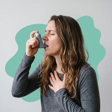 Asthma inhaler use by woman with breathing difficulty, medical illustration of respiratory distress, female patient using bronchodilator for relief
