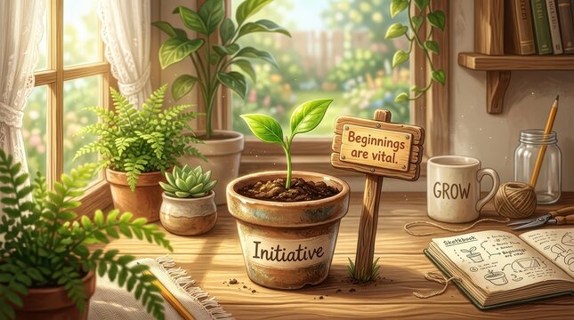 New beginnings, growth, and initiative: potted plants on a windowsill with inspirational quotes and gardening tools