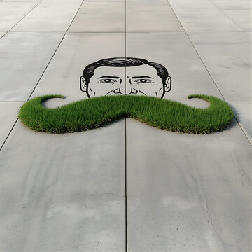 Grass mustache on concrete ground. Creative landscaping design with a man face illustration.